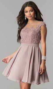 Short Chiffon Party Dress with Lace-Applique Bodice